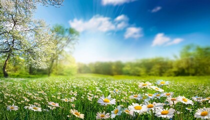 Fototapeta premium beautiful blurred spring background nature with blooming glade chamomile trees and blue sky on a sunny day