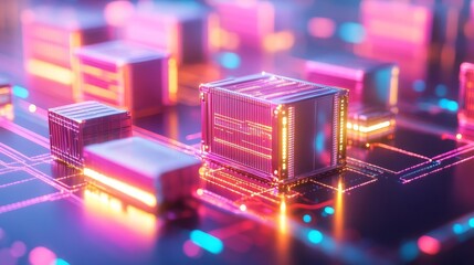 Blockchain-powered logistics, floating data blocks, glowing neon transportation hub