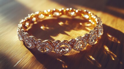 A sparkling bracelet carefully placed on a polished wooden table with intricate reflections in soft light