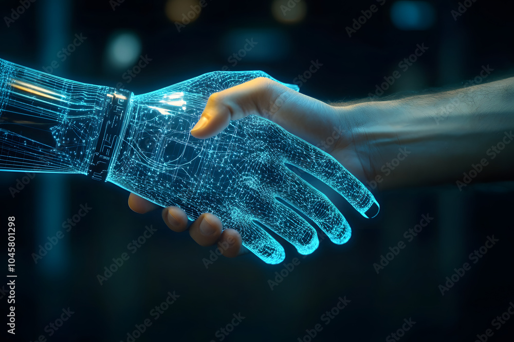 Canvas Prints hand shaking between human and digital hand, integration between human and artificial intelligence.