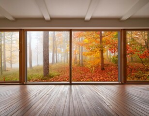 Fototapeta premium bright space floor to ceiling window view of misty autumn woods outside colorful foliage