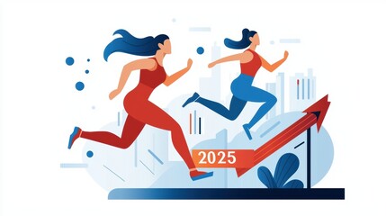 Obraz premium Two women running towards 2025 with an upward red arrow