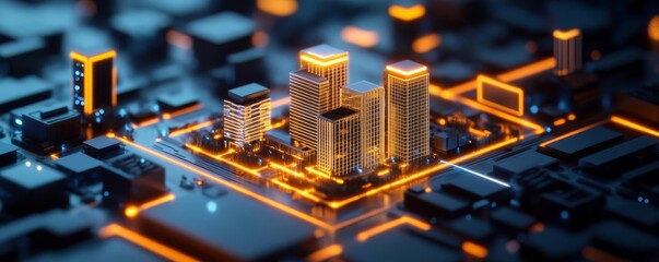 Blockchain-powered real estate hub, glowing data-driven property listings, futuristic urban design