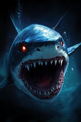 Naklejka premium A fierce digital illustration of a monstrous shark with glowing eyes and sharp teeth, set against a dark underwater backdrop.