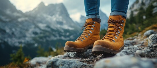 A close-up of hiking boots on rocky terrain with mountains in the background.