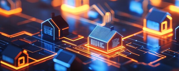 Blockchain-powered real estate hub, glowing data-driven property listings, futuristic urban design
