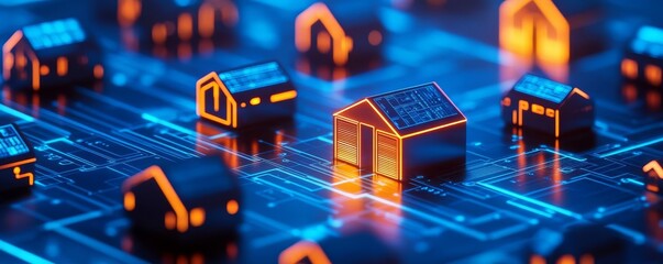 Blockchain-powered real estate hub, glowing data-driven property listings, futuristic urban design
