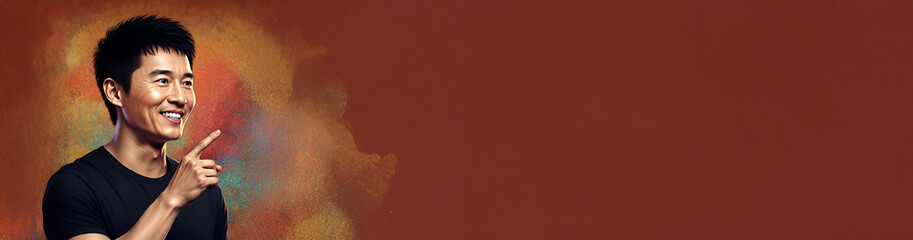 Obraz premium Presentation Banner, Asian Man, Beautiful Smile Smiling & Pointing Finger, Room for Copy, Display Banner, Extra Wide Format