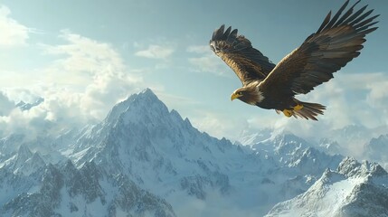 A majestic eagle soars over snow-capped mountains, capturing the essence of freedom and natural beauty in the wilderness.