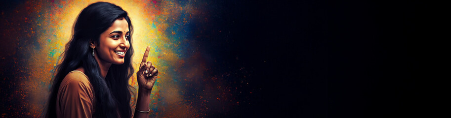 Obraz premium Presentation Banner, Indian Woman, Beautiful Smile Smiling & Pointing Finger, Room for Copy, Display Banner, Extra Wide Format