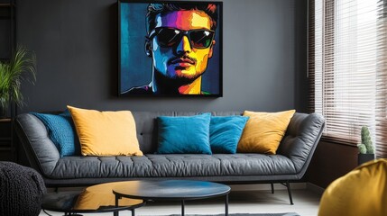 Modern living room interior with black leather sofa, yellow and blue pillows, and a colorful portrait hanging on the wall.