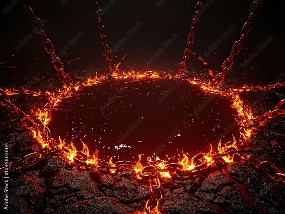 Poster mysterious chains and fiery eruptions in a dark abyss a captivating scene of chaos
