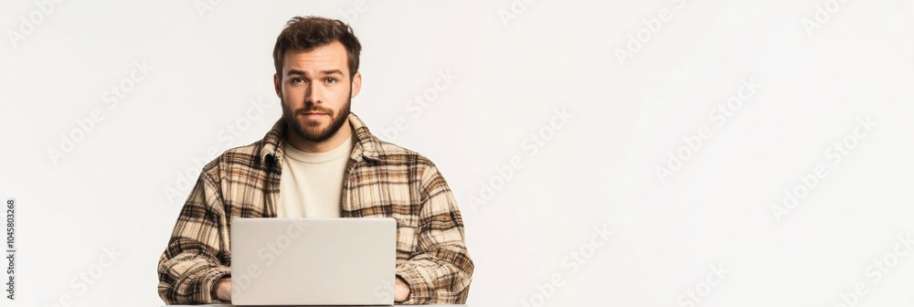 Leinwandbilder A young man is concentrating while working remotely on his laptop in a simple and clean environment. Generative AI