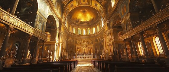 Obraz premium A stunning interior of a historic church featuring beautiful architecture, warm lighting, and serene ambiance.