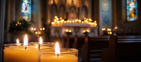 Obraz premium Three lit candles in the foreground with a blurred view of an ornate church interior.