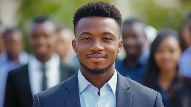 Dynamic young African entrepreneur engaging with an audience, showcasing leadership and confidence, surrounded by a diverse group of attentive listeners in a professional setting.