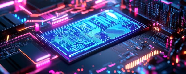 Fototapeta premium Cryptocurrency mining, holographic interface, neon-lit digital landscape, futuristic tech