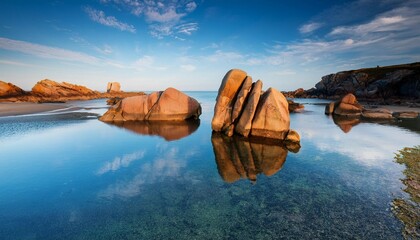 felsen auf spiegelglattem meer bei meneham cote des legendes bretagne frankreich