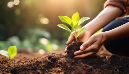 female hands planting young plants garden concept