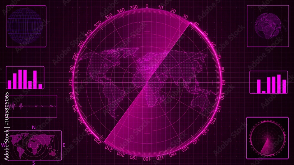 Poster futuristic digital interface with world map and charts