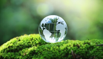 glass globe on green moss in nature concept for environment and conservation