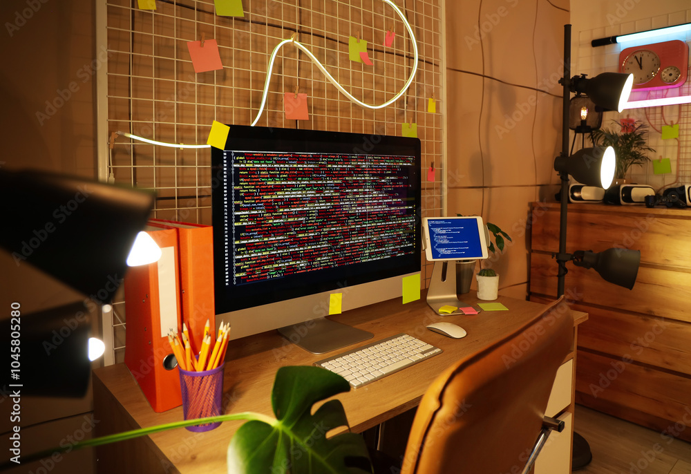Poster programmer's workplace with computer and glowing lamps in office at night