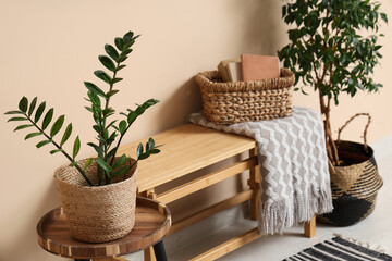 Basket with books on bench and houseplants near beige wall in room