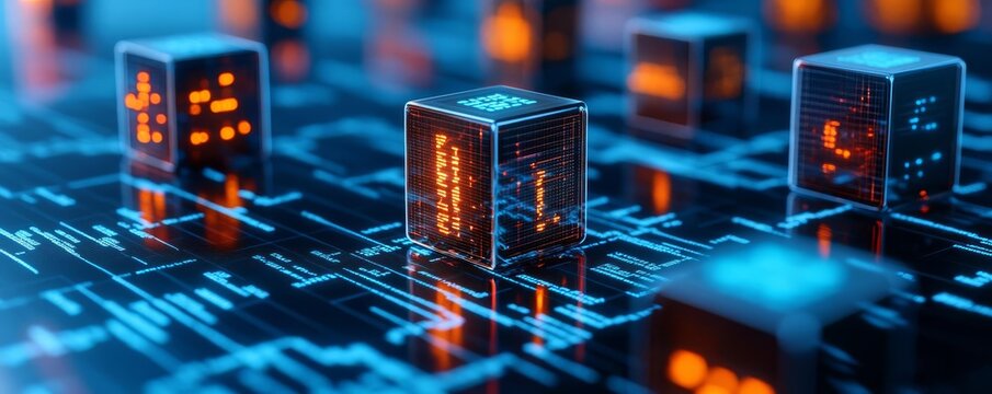 Holographic decentralized ledger, floating data cubes, futuristic digital landscape