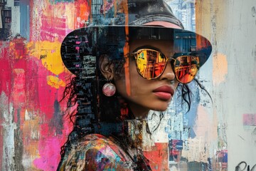 Fototapeta premium Urban Vibes: Woman in Sunglasses with Abstract Art Backdrop