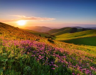 Obraz premium lush rolling hills adorned with vibrant wildflowers at sunrise