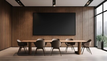 modern wooden and concrete meeting room interior with furniture and black mock up screen 3d rendering generative ai