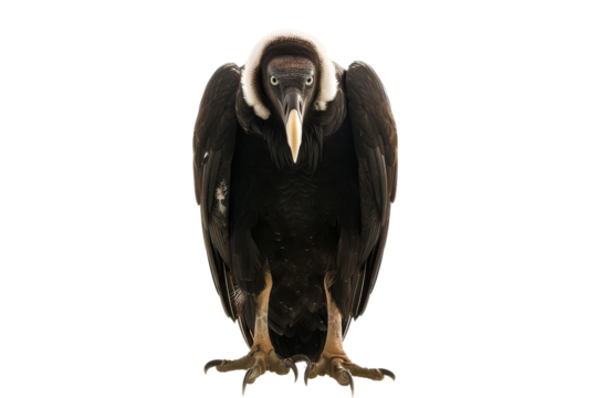 Vulture isolated on clear white background, emphasizing the bird's impressive wingspan and predatory skills in high definition.