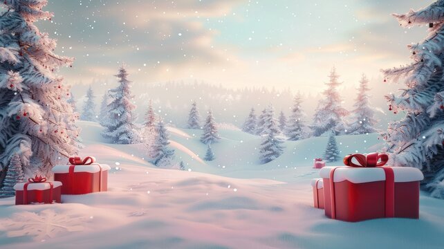 Merry Chrimast Background. Decorated christmas trees with red garlands into a forest on a snowy sunrise close to xmas gifts in red boxes , Generative AI illustration