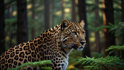 Naklejka premium A majestic leopard with a spotted coat stands alert in a dense forest, its gaze fixed on something in the distance.