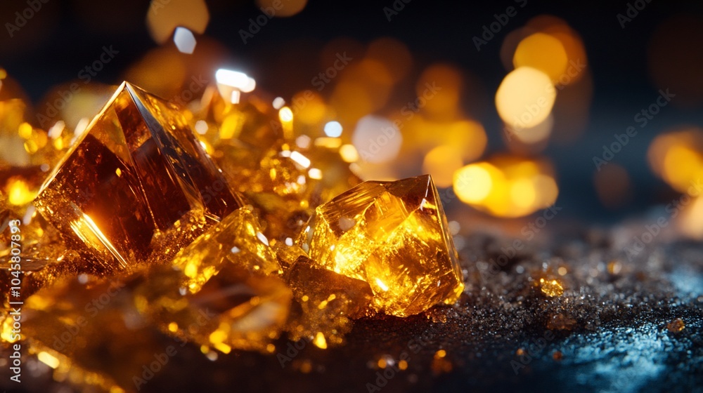 Poster close-up of sparkling golden crystals on dark surface with blurred bokeh lights in background.
