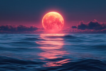 A vibrant full moon rises over tranquil ocean waves, creating a serene and magical atmosphere.