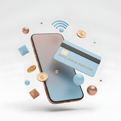 3D render of a modern smartphone next to a floating credit card with contactless payment symbol, surrounded by abstract shapes and coins on a solid white background.