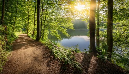 Obraz premium serene forest path beside a tranquil lake illuminated by soft sunlight