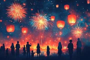 Fototapeta premium Silhouetted Crowd Enjoying Fireworks and Lanterns in a Vibrant Night Sky