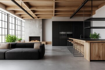 A modern, open-concept living area featuring a black sofa, natural wood accents, and large windows, creating a bright and inviting atmosphere.