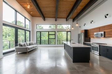 A modern, open-concept kitchen and living space with large windows and wooden accents, offering a bright and airy atmosphere.