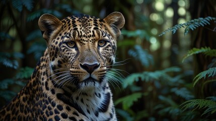 A close-up portrait of a leopard with a serious expression, looking directly at the camera in a lush green forest.