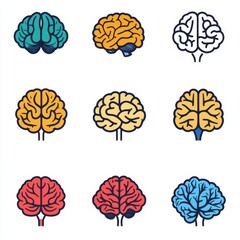 Nine colorful brain icons, isolated on a white background.