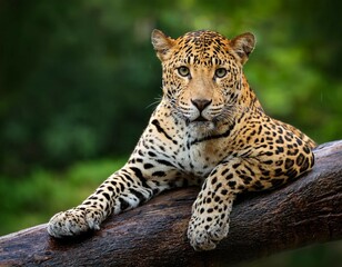 Fototapeta premium wild male leopard or panther or panthera pardus relaxing sitting on tree trunk branch in monsoon season safari and in natural scenic green background generative ai