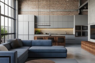 A modern, open-plan kitchen features sleek cabinetry, a wooden island, and a cozy living area with a blue sofa, set against a backdrop of exposed brick.