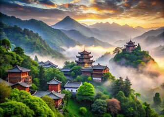 Obraz premium Misty Mountain Landscape with Traditional Chinese Architecture in High Depth of Field