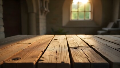 Product placement wooden table, blurred castle background with copy space product display mockup