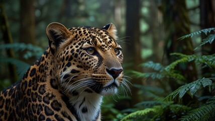 Fototapeta premium A majestic leopard with piercing blue eyes gazes intently from the depths of a lush forest.