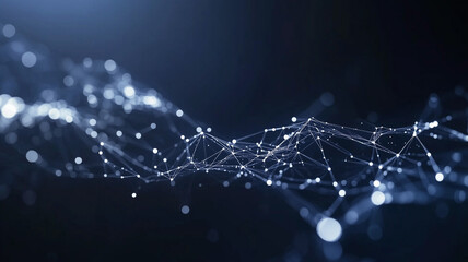 Abstract AI technology network with moving dots and lines on a dark navy blue background in 3D motion