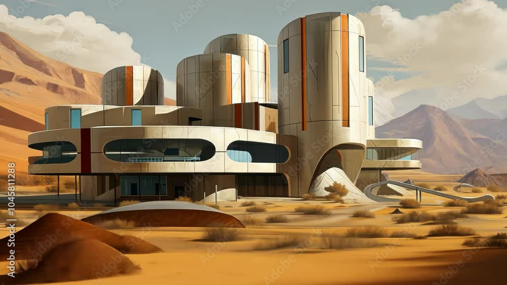 Poster retro futuristic architecture in sci-fi scene on the desert planet. alien landscape with nostalgic r